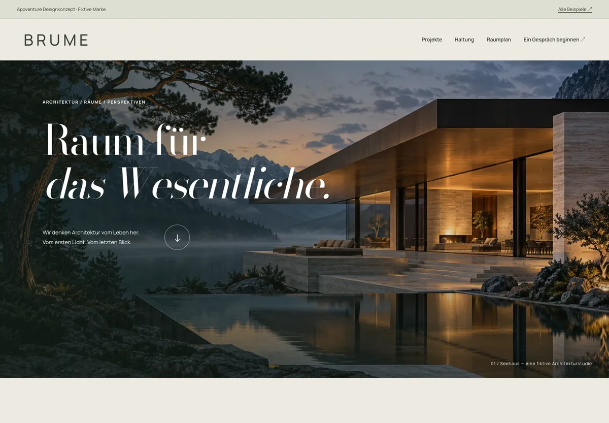 BRUME: Architekturkonzept mit Seehaus und grosszügiger Typografie